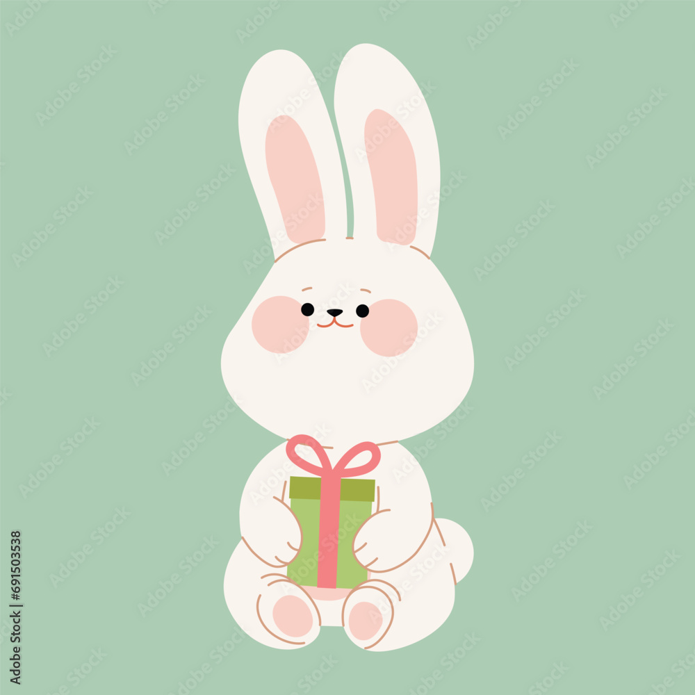 A cute white bunny rabbit holds a green gift box. Flat cartoon hare character for a Happy Valentine's Day, Easter, or Birthday greeting card, invitation, sticker, or banner. Vector illustration.