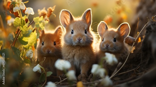 A family of rabbits exploring a field of clover, showcasing the abundance of life and vitality that comes with the arrival of spring