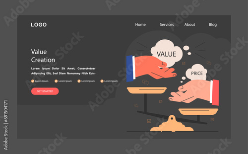 Value creation dark or night mode web, landing. Ascending progress. Amplifying success. Flat vector illustration.