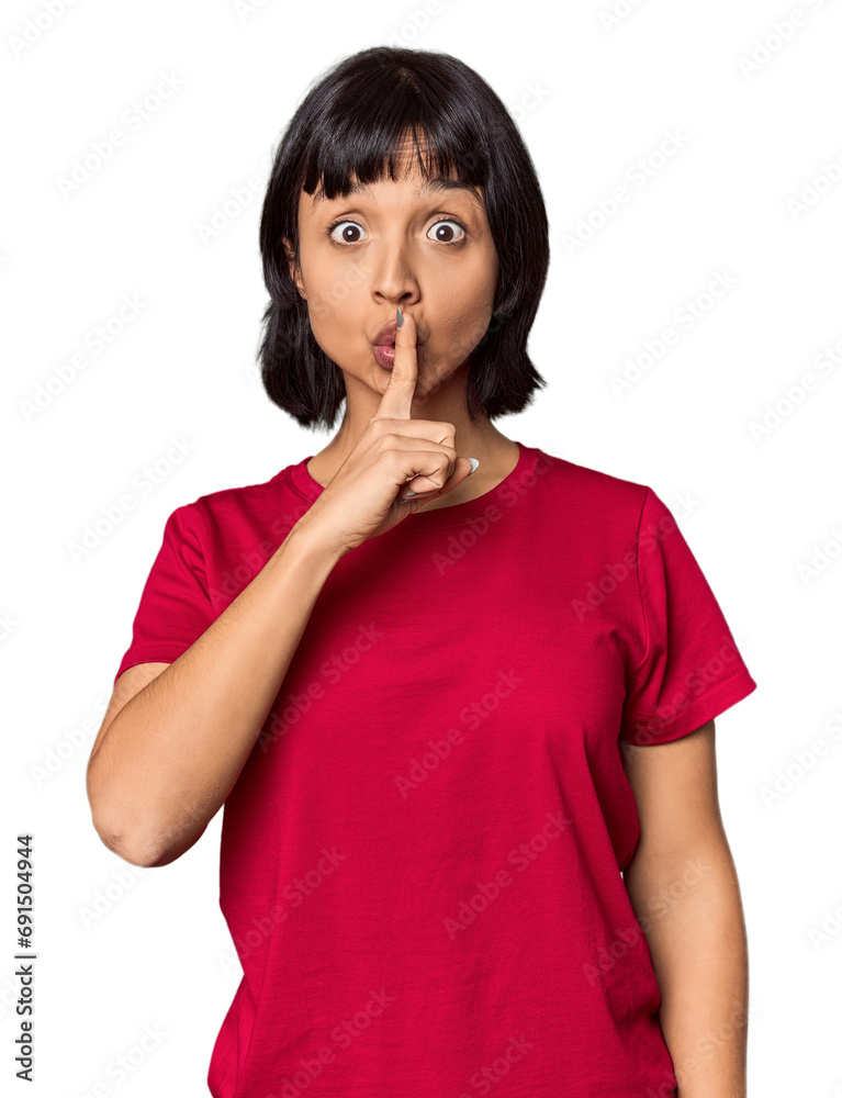 Young Hispanic woman with short black hair in studio surprised pointing with finger, smiling broadly. Young Hispanic woman with short black hair in studio surprised pointing with finger, smiling broadly.
