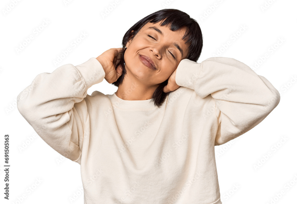 Young Hispanic woman with short black hair in studio screaming with rage. Young Hispanic woman with short black hair in studio screaming with rage.