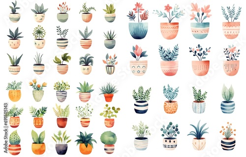 watercolor style illustration of cute boho pot plant in many shape and type, collection set isolated on white background, Generative Ai