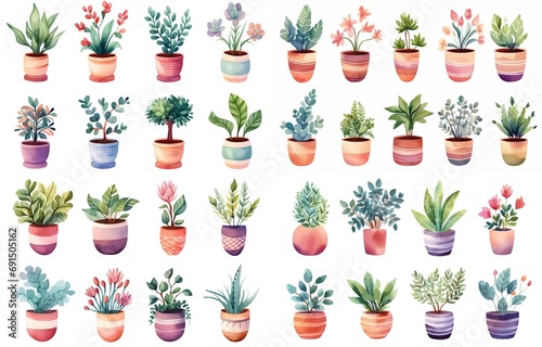 watercolor style illustration of cute boho pot plant in many shape and type, collection set isolated on white background, Generative Ai