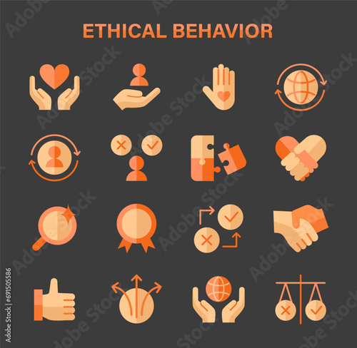 Ethical Behavior set. Principles of integrity and fairness in actions. Trust and responsibility icons. Compassion, global care, justice representation. Flat vector illustration.