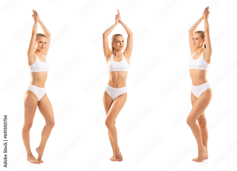 Young and beautiful slender girl in white swimsuit posing over white background. Healthcare, diet, sport and fitness concept. Young and beautiful slender girl in white swimsuit posing over white background. Healthcare, diet, sport and fitness concept.