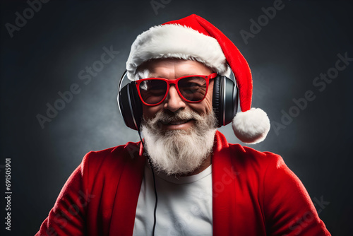 Cool Santa Claus Vibing to Christmas Tunes, Sporting a Festive Hat and Rocking Headphones in Style