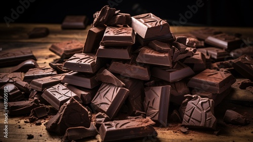 Many chunks of rich chocolate. Dark chocolate in Pieces.