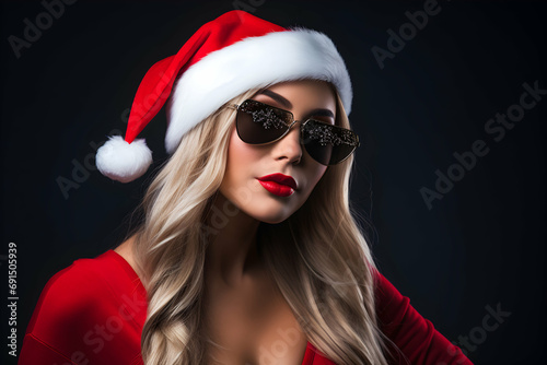A Female Santa Claus  Beautiful sexy girl Embracing the Holiday Spirit with Style A Beautiful and Playful Girl Wearing Santa Claus Clothes and Sunglasses Festive Glamour