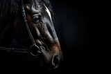 Side view portrait shot of the horse with the bridle on the black background.