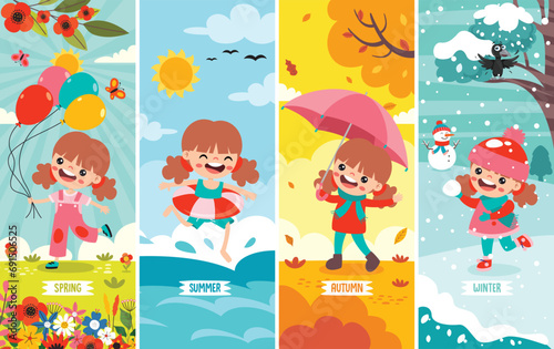 Four Seasons With Cartoon Kid