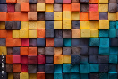 An Artistic Wall Composition Featuring Colorful Wooden Blocks, Crafted in the Style of Bold Chromaticity, Chalk-Inspired Textured Paint Layers, Wood Veneer Mosaics photo