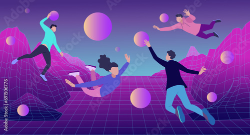 Metaverse. Meta VR future game. 3D online media platform. People floating in wireframe cyberspace. Virtual design technology by team brain. Cyber simulation. Vector digital illustration