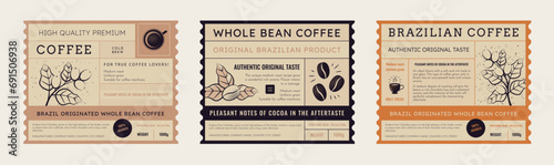 Coffee label. Bean package emblem design, vintage food sticker for cafe or premium quality product, retro plant and berry. Retro stamp or sticker. Packaging template. Vector illustration