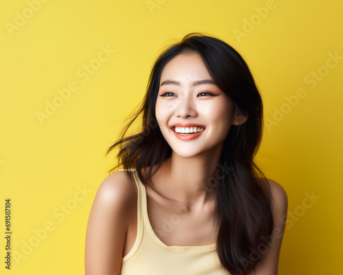 Beautiful young girl smiling with clean teeth on billboard empty space isolated on yellow background.