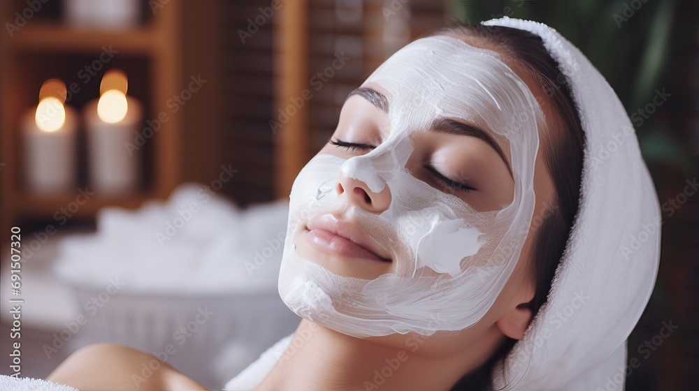 Spa Bliss: Young Woman with White Cosmetic Clay Mask in Relaxation Spa Bliss: Young Woman with White Cosmetic Clay Mask in Relaxation