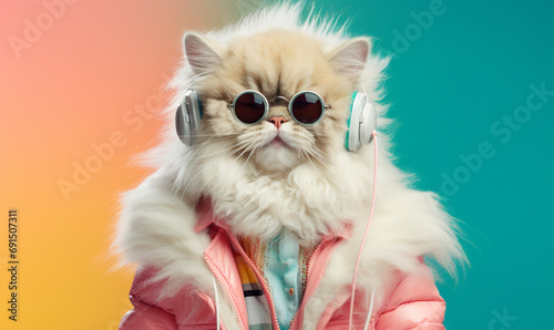 A fluffy cat dressed in a pink jacket, wearing round sunglasses and headphones, standing against a colorful gradient background. The cat’s expression and outfit give off a trendy, fashionable vibe.