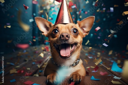 Joyful adorable pup donning a festive headpiece rejoicing at a celebration while surrounded by descending streamers. photo