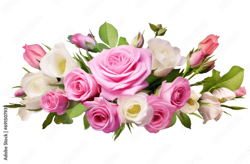 Pink roses and eustoma (Lisianthus) flowers in a floral arrangement isolated on white or transparent background Pink roses and eustoma (Lisianthus) flowers in a floral arrangement isolated on white or transparent background