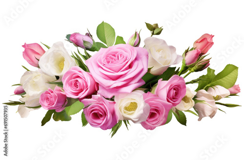 Pink roses and eustoma  Lisianthus  flowers in a floral arrangement isolated on white or transparent background