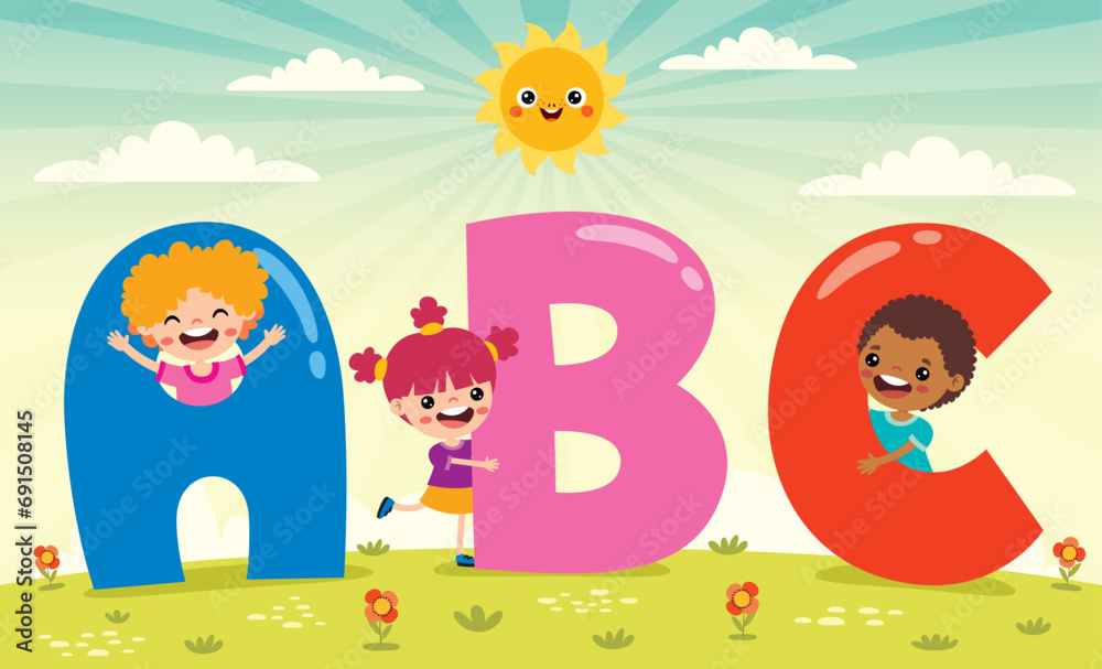 Cartoon Kids Posing With Alphabet Letter