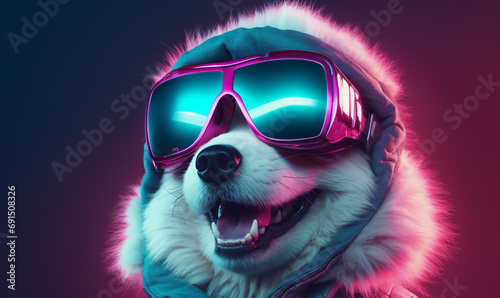Pet influencer character with happy smiling Alaskan Malamute dog Wear a hood in VR goggles illuminated with pink light against neon blue background.