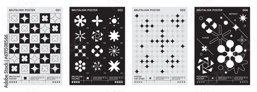 Brutalism black white posters. Y2k wall art. Abstract pattern design, shape and star figures, ornament elements. Different figures, geometric flowers and stars. Banners set. Vector retro set #691508566