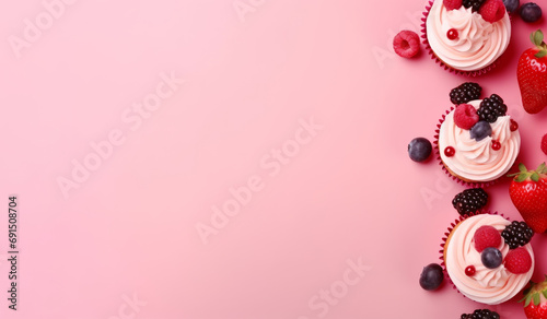 Sweet dessert - muffins and fresh berries on pink background, top view, place for text © happy_finch