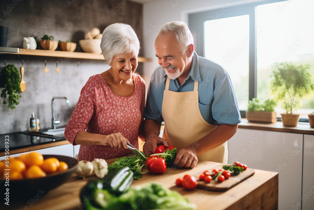 Happy elderly couple cooking together in a kitchen, preparing cooking food meal for romantic dinner, spending time together. Caucasian elderly people enjoying healthy eating Happy elderly couple cooking together in a kitchen, preparing cooking food meal for romantic dinner, spending time together. Caucasian elderly people enjoying healthy eating