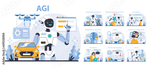 AGI set. Futuristic AI integration in daily life, healthcare, and education. Robotic advancements transforming human interaction and abilities. Flat vector illustration.