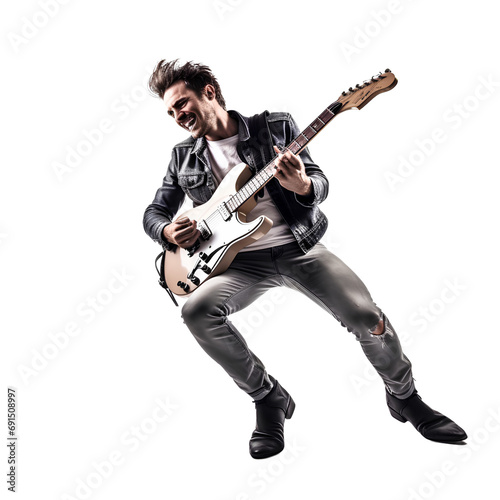 Man playing guitar with fun on transparent background PNG