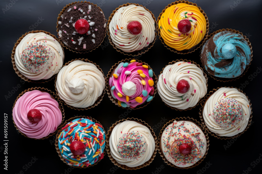 Set of different cupcakes with cream and sprinkles, top view Set of different cupcakes with cream and sprinkles, top view