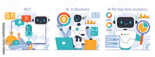 Ai integration set. Artificial intelligence and human synergy. Neural network assistance and robotization of life. Self-learning computing system processing big data. Flat vector illustration