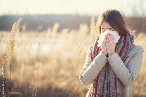 femme dans un champ en train d'éternuer à cause des allergies aux pollens photo