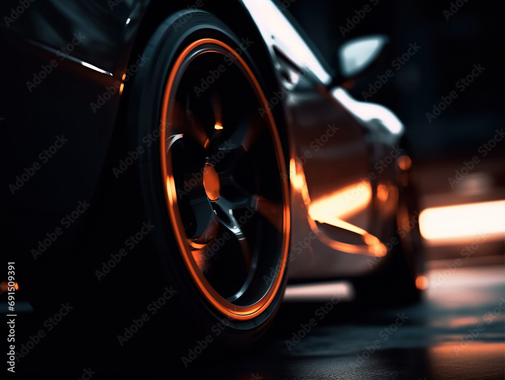 Close-up of a black sports car wheel, with an orange rim. The dark background and low lighting levels highlight the car's sleek lines and power. Low angle view