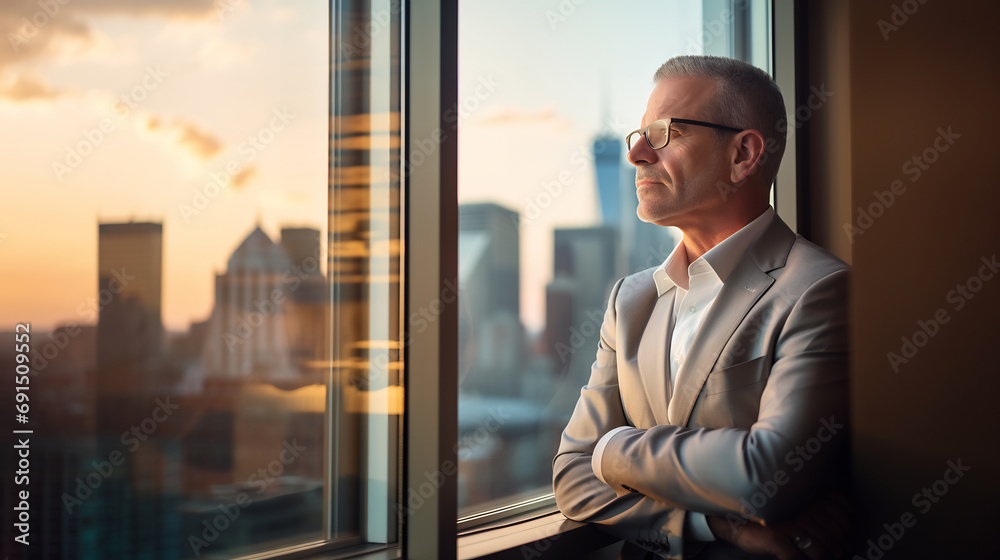Portrait of mature businessman leader posing with hands folded in office, looking out window in deep thoughts, planning work process, thinks about a new strategy for his team