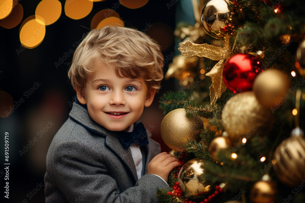 Generative AI happy child decorated christmas tree christmas gifts festive indoor living room magic Generative AI happy child decorated christmas tree christmas gifts festive indoor living room magic