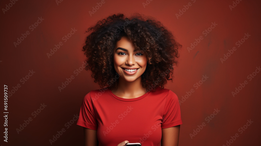 Young slim female leader with shoulder length black curly hair wearing a red basic t-shirt and holding a smartphone Young slim female leader with shoulder length black curly hair wearing a red basic t-shirt and holding a smartphone