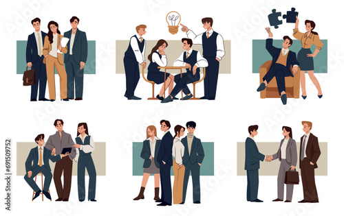 Business team. Leadership work, teamwork characters, women and men career, people brainstorming on meeting or collaboration, contract agreement. Vector outline cartoon flat isolated illustration