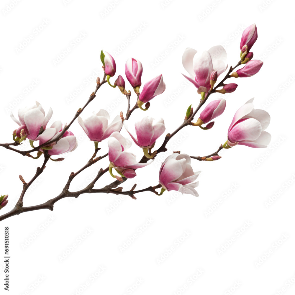 Obraz premium Illustration of beautiful blooming magnolia branch with pink flowers. Floral decorative element on transparent background. PNG clip art element.