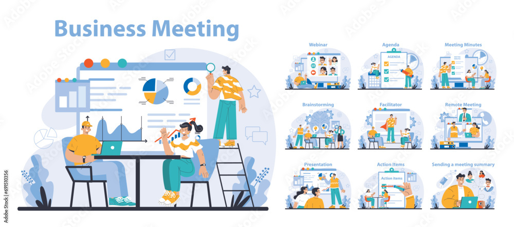 Business meeting set. Corporate teamwork and strategy sessions. Webinars, brainstorming, and actionable outcomes. Efficient virtual collaboration. Flat vector illustration.