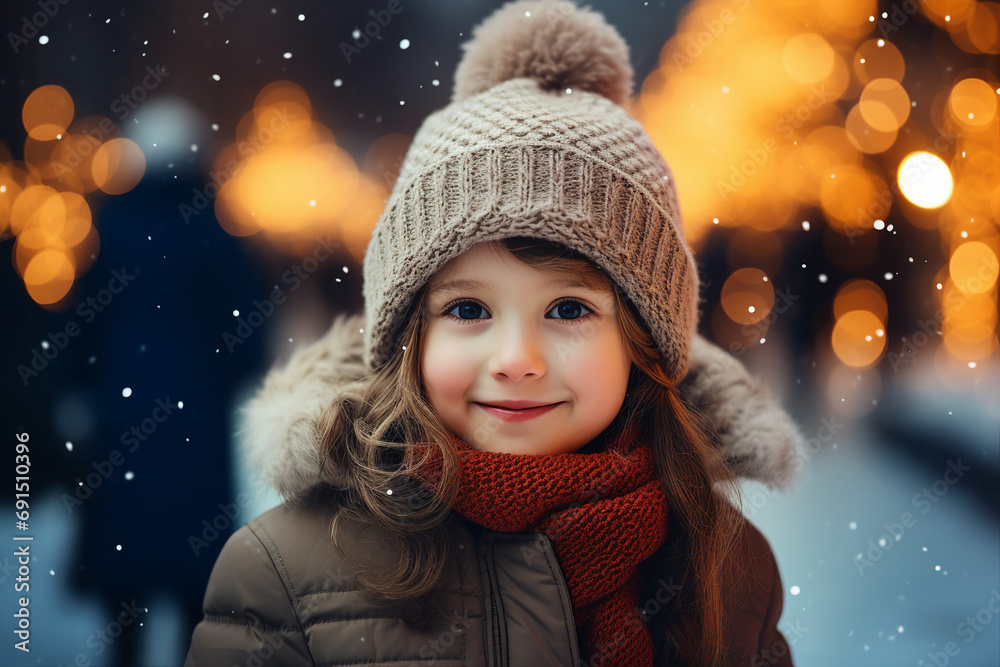 Generative ai portrait image of funny joyful child walking in city square christmas time Generative ai portrait image of funny joyful child walking in city square christmas time