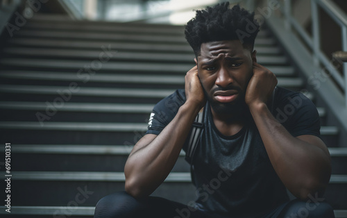African american man athlete sitting on the stairs after strenuous workout, unhappy male stressed out on stairs sitting tired from training