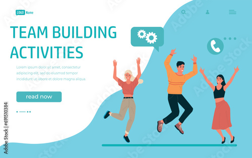 Team building landing page. Happy jumping men and women group. Website interface design template. Colleagues communication. People cooperation. Company teamwork. Vector web background
