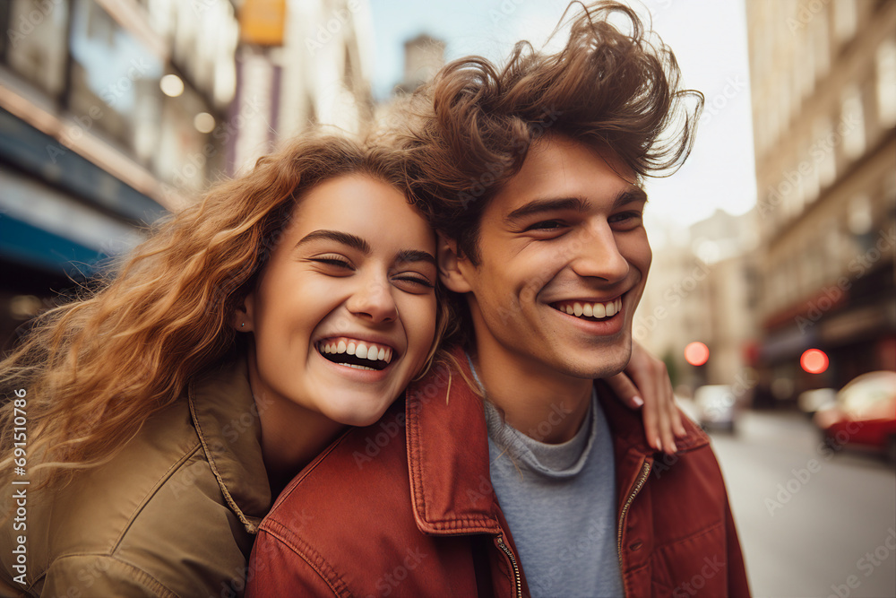 AI generated image of cheerful happy couple having fun walking on city street AI generated image of cheerful happy couple having fun walking on city street