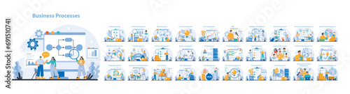 Business processes set. A panoramic view of essential business processes. Detailing strategic, financial, and operational management for efficiency and growth. Flat vector illustration.
