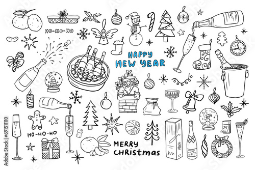 Big set of Christmas and New Year elements in doodle style. Champagne bottles, glasses, tangerine. Cute illustration for design, greeting card, decoration, textile. Hand drawn. Winter.