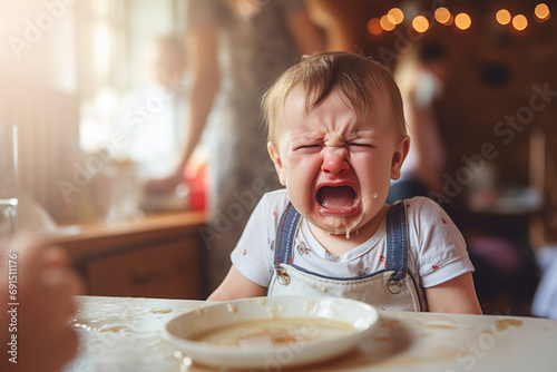 Little baby boy crying and screaming during eating, angry baby boy doesn't want to eat photo