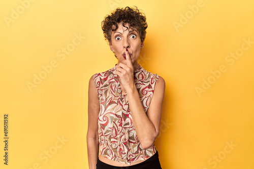 Mid-aged caucasian woman on vibrant yellow keeping a secret or asking for silence. photo