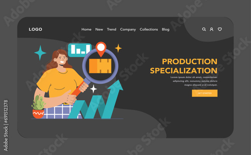 Economies of scale dark or night mode web or landing. Company scale of operation, amount of output produced per unit of time. Mass production efficiency. Flat vector illustration