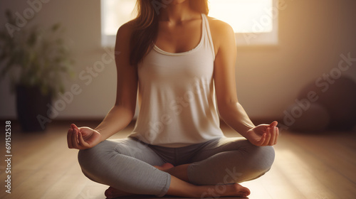 Unrecognized young woman sitting in a bright room meditating at home in lotus position. Mental health and zen meditation concept